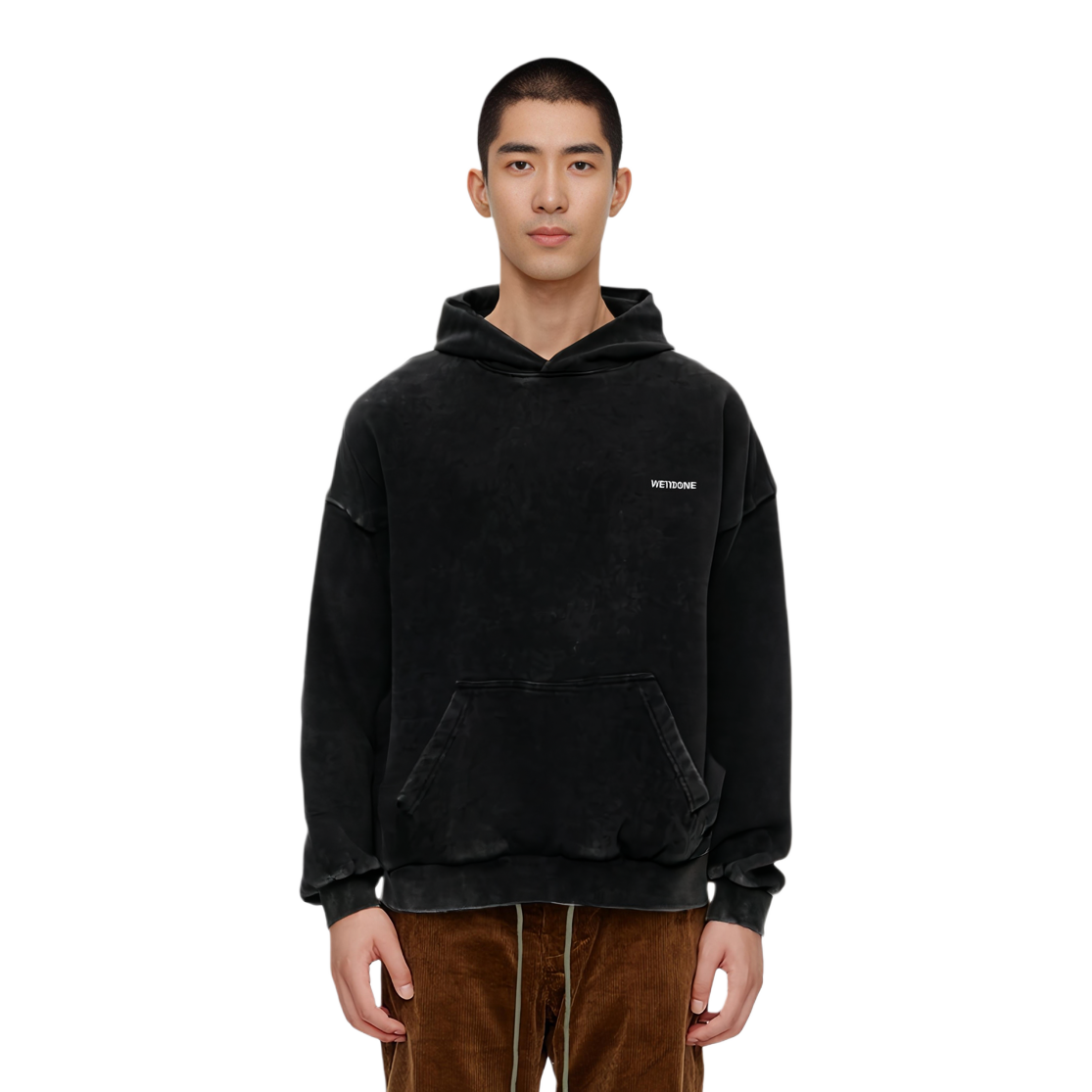 Shop WE11DONE 블랙 워시드 로고 프린트 풀오버 후디 롱슬리브. WD-TH2-24-809-U-BK