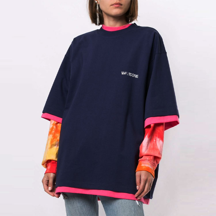 Shop WE11DONE Double-Sided Logo Layered T-Shirt Unisex Navy Blue. WD-TP6-20-030-U-NV