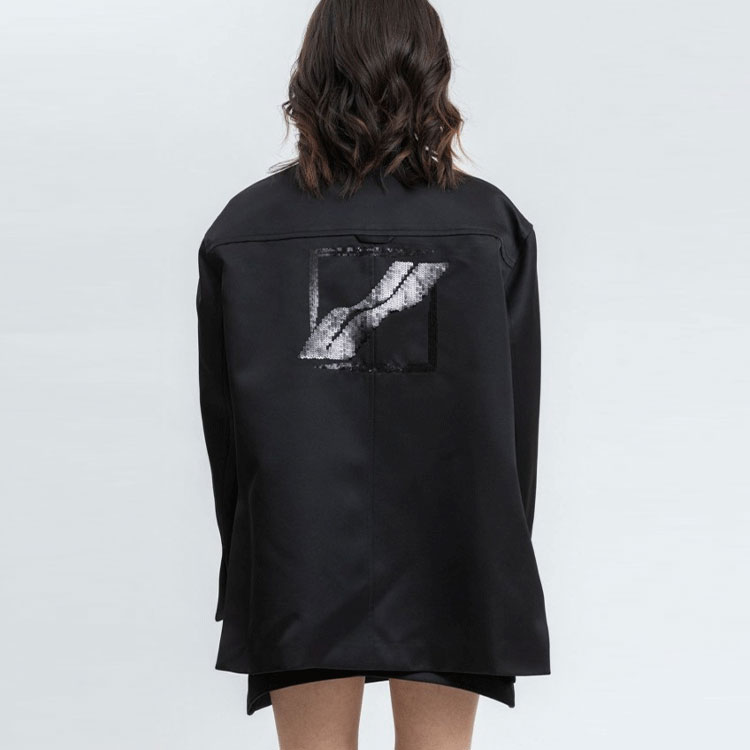 Cheap 웨엘던 FW21 블랙 시퀸 로고 오버사이즈 블레이저 유니섹스. WD-JK1-21-045-U-BK
