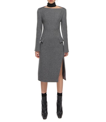 WE11DONE FW21 Solid Color Side-Slit Long Sleeve A-Line Dress Grey WD-OP3-21-124-W-GY Shop WE11DONE FW21 Solid Color Side-Slit Long Sleeve A-Line Dress Grey WD-OP3-21-124-W-GY