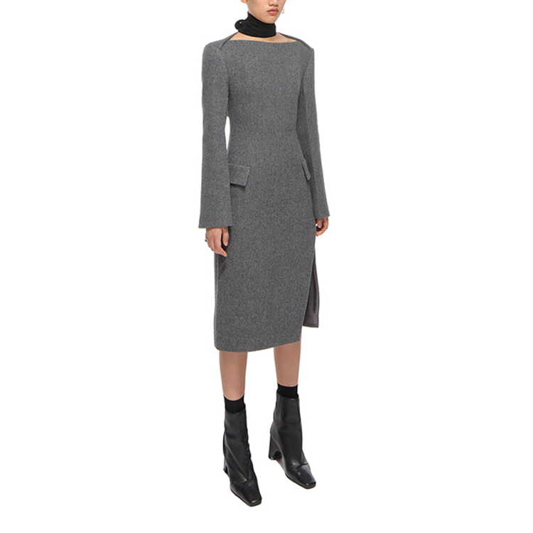 Sizing WE11DONE FW21 Solid Color Side-Slit Long Sleeve A-Line Dress Grey WD-OP3-21-124-W-GY