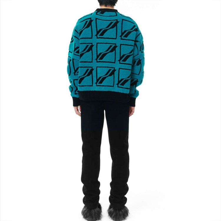 Shop WE11DONE FW21 方形Logo全版提花羊毛針織衫 男女款 藍色 WD-KO3-21-604-U-MT