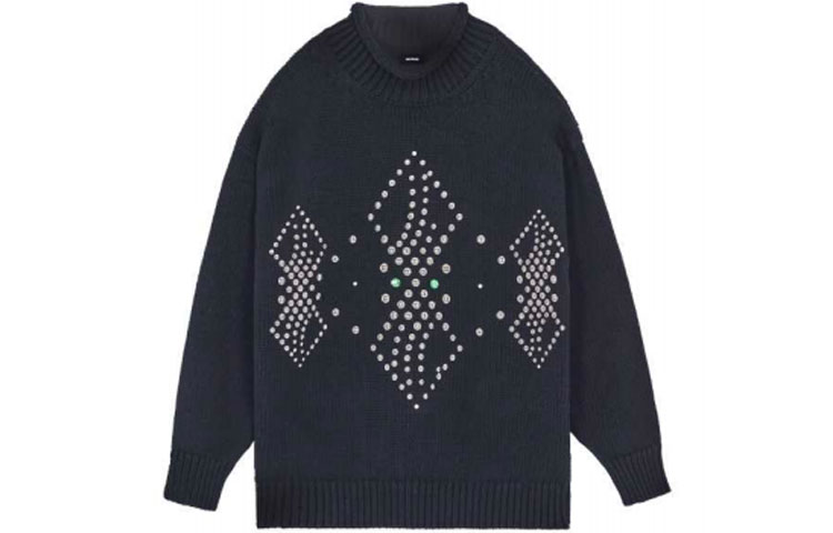 WE11DONE FW22 Black Argyle Wool Knit Sweater Unisex Crewneck. WD-KT3-21-648-U-BK