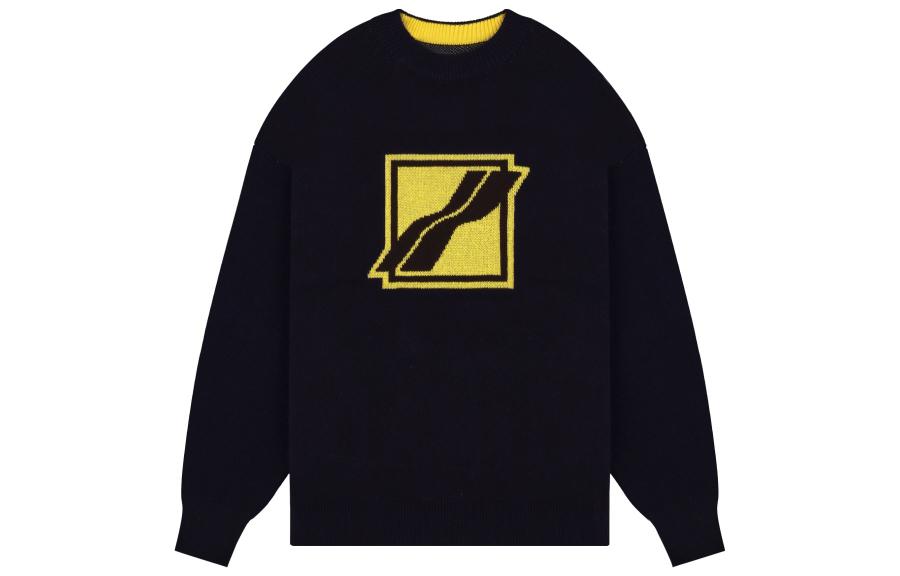 WE11DONE FW22 Black Knit Pullover Sweater with Yellow Logo Block - Unisex. WD-KT1-21-613-U-BK