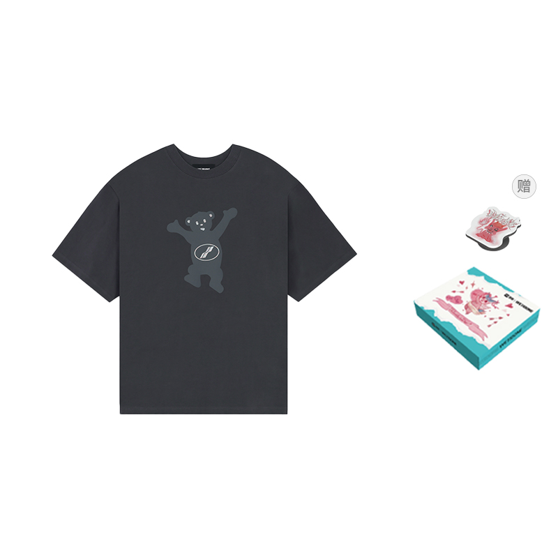 WE11DONE FW22 Cartoon Teddy Bear Graphic Unisex Charcoal Grey T-Shirt. WD-TT3-22-715-U-CH