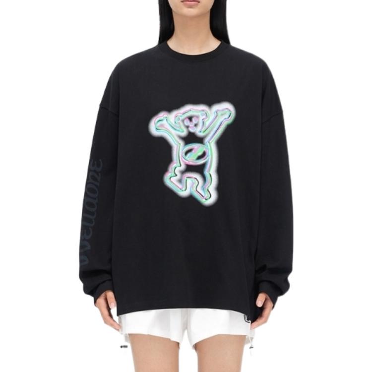 Lookbook WE11DONE 2022秋冬卡通泰迪熊印花徽标男女同款长袖T恤 - 黑色 WD-TT3-22-833-U-BK