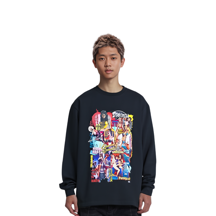 Details for WE11DONE FW22 漫畫圖案印花男女黑色長袖T恤 WD-TT3-22-862-U-BK