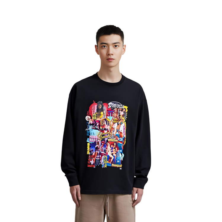 Sizing WE11DONE FW22 漫畫圖案印花男女黑色長袖T恤 WD-TT3-22-862-U-BK