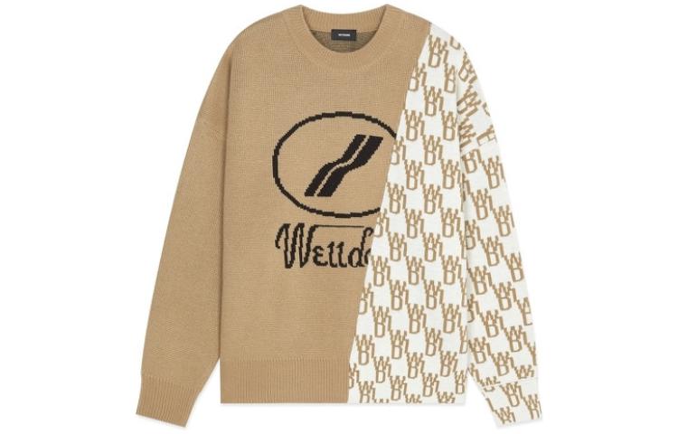 WE11DONE FW22 Logo Patchwork Asymmetric Knit Wool Sweater Unisex Off-White WD-KT1-22-638-U-BG