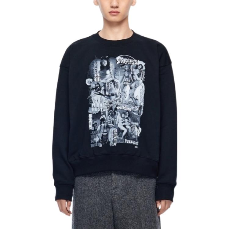 Lookbook WE11DONE FW22 電影拼貼寬鬆中性黑色衛衣。 WD-TS3-22-743-U-BK