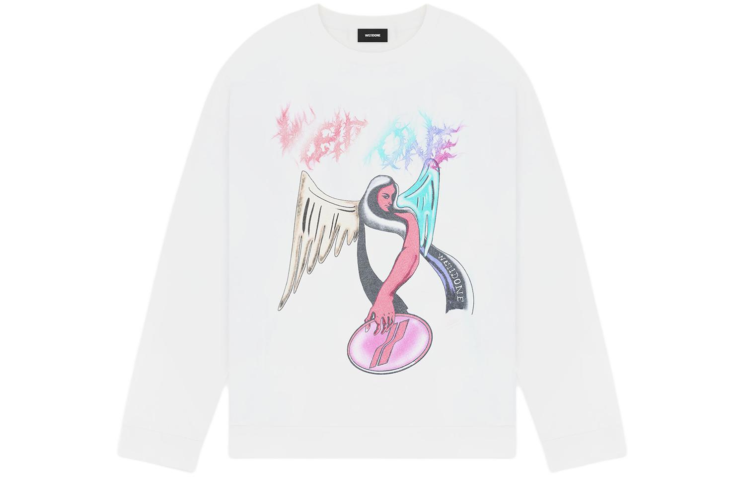 WE11DONE FW23 Angel Print Unisex White Crewneck Long Sleeve Sweatshirt WD-TS3-23-785-U-WH