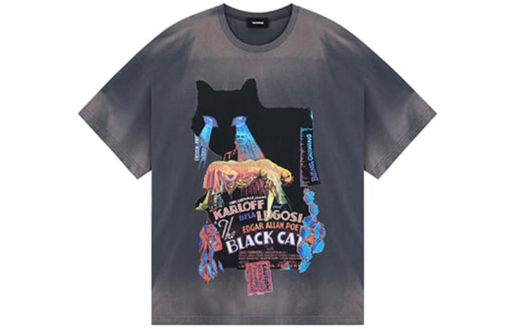 WE11DONE FW23 Cat Graphic Unisex Grey Crewneck Short Sleeve T-Shirt. WD-TT3-23-742-U-DG