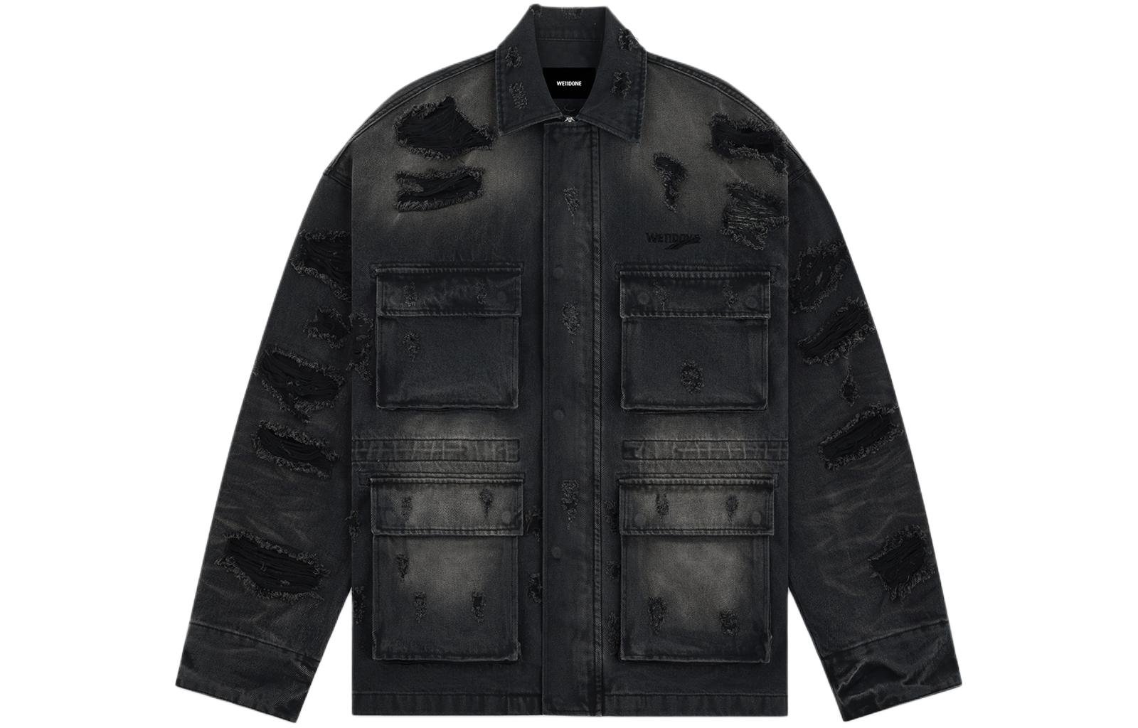 WE11DONE FW23 Distressed Logo Embroidered Unisex Jacket Black Long Sleeve WD-DJ3-23-402-U-BK