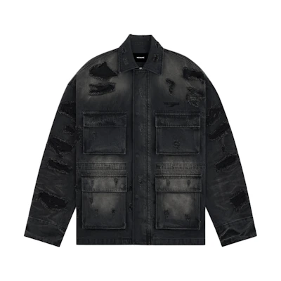 WE11DONE FW23 Distressed Logo Embroidered Unisex Jacket Black Long Sleeve WD-DJ3-23-402-U-BK