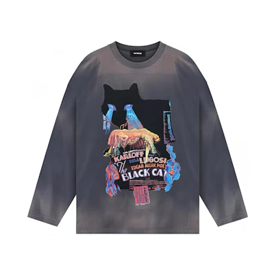 WE11DONE FW23 Grey Gradient Cat Graphic Long Sleeve Unisex T-Shirt WD-TT3-23-741-U-DG