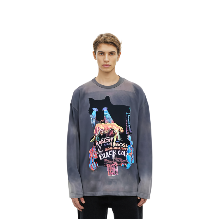 Lookbook WE11DONE FW23 灰漸層貓圖案長袖中性T恤 WD-TT3-23-741-U-DG