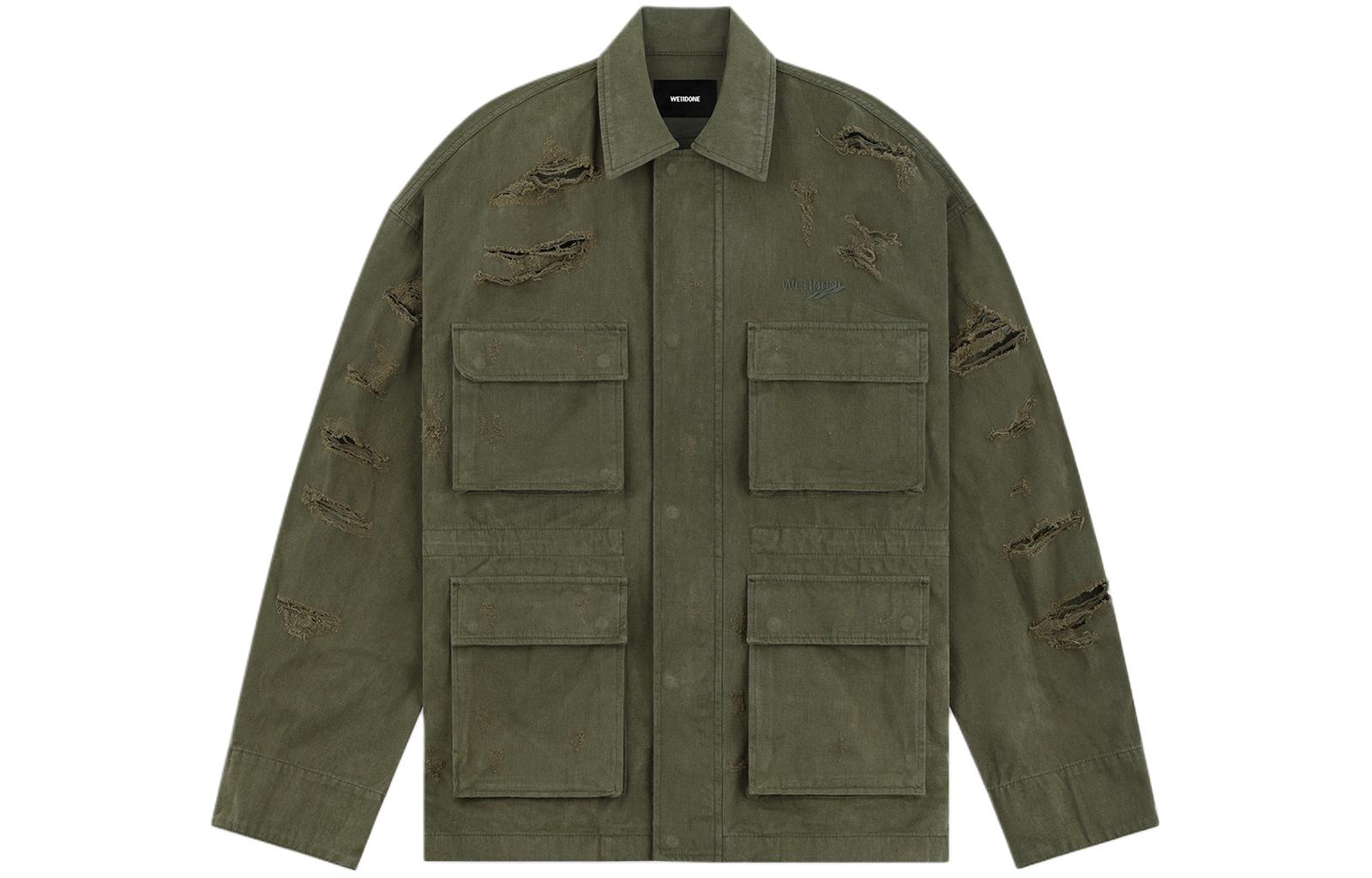 WE11DONE FW23 Logo Embroidered Distressed Long Sleeve Jacket Khaki Unisex WD-DJ3-23-401-U-KK