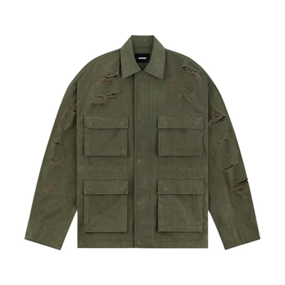 WE11DONE FW23 Logo Embroidered Distressed Long Sleeve Jacket Khaki Unisex WD-DJ3-23-401-U-KK