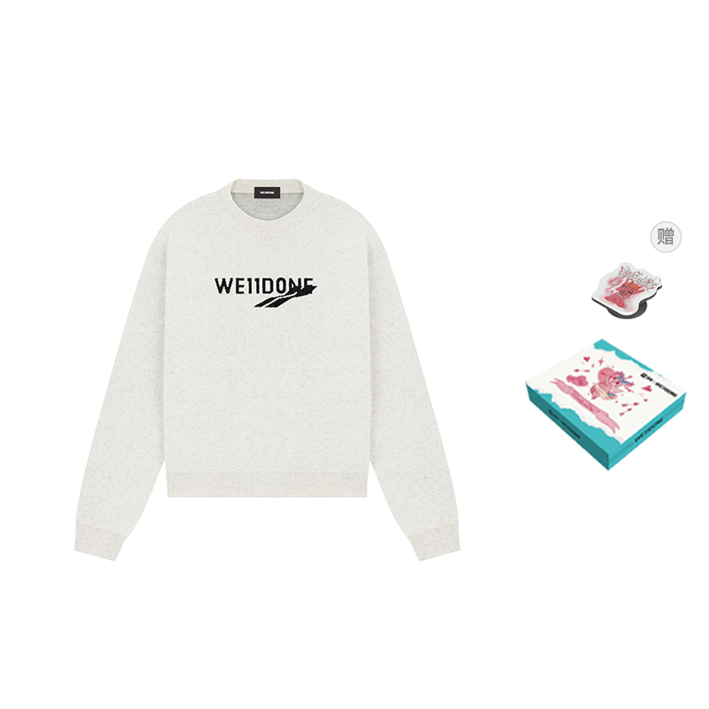 WE11DONE FW23 Unisex Ivory White Wool Knit Sweater with Logo Jacquard Design WD-KT3-23-613-U-IV