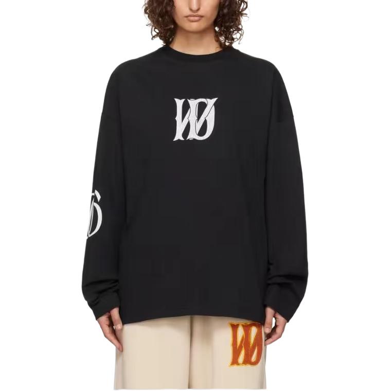 WE11DONE FW24 Unisex Black Long Sleeve Tee with Logo Print. WD-TT3-24-746-U-BK