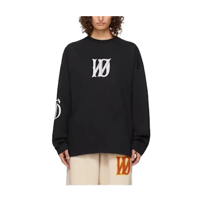 WE11DONE FW24 Unisex Black Long Sleeve Tee with Logo Print. WD-TT3-24-746-U-BK