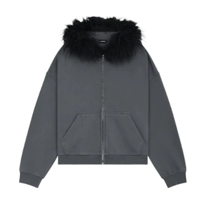 WE11DONE FW24 Zip-Up Hoodie Unisex Oversized Casual Sweatshirt in Charcoal. WD-TJ2-24-811-U-CH
