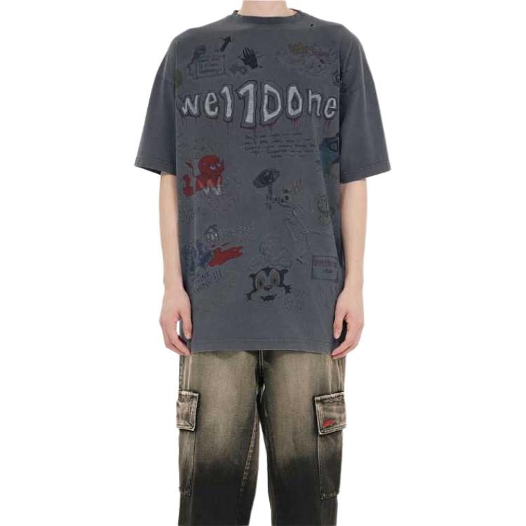 Shop WE11DONE 塗鴉字母印花灰色短袖男女款 T-Shirt SS24 WD-TT1-24-729-U-GY