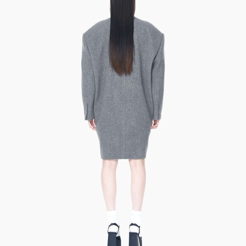 Shop WE11DONE Grey Long Sleeve Dress with Ruched Elastic Cuffs and Padded Shoulders. WD-OP3-22-151-W