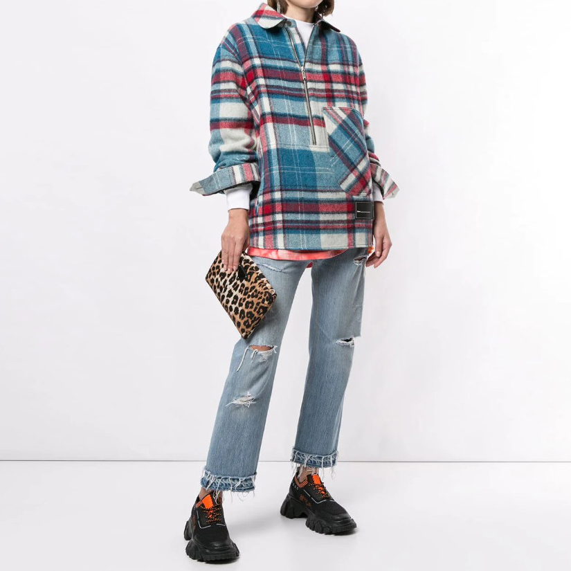 Shop WE11DONE 半拉鍊經典格紋襯衫外套 男女藍色 WD-BL3-20-910-U-BL