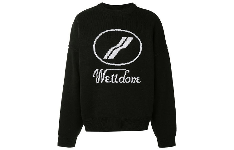WE11DONE JQD Knit Wool Sweater Unisex Black Graphic Crewneck Pullover. WD-KO8-20-507-U-BK