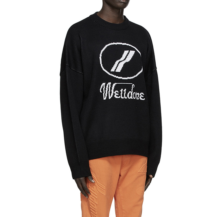Lookbook WE11DONE JQD Knit Wool Sweater Unisex Black Graphic Crewneck Pullover. WD-KO8-20-507-U-BK