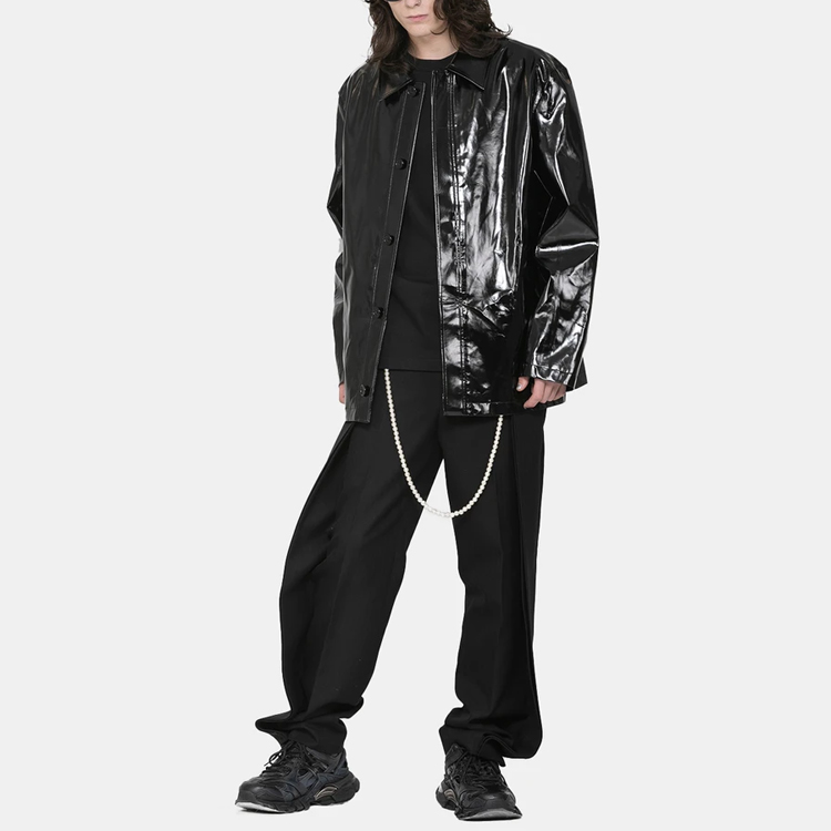 Shop WE11DONE Logo Print Faux Leather Shirt Jacket Unisex Black wd-f59-20-155-u-bk