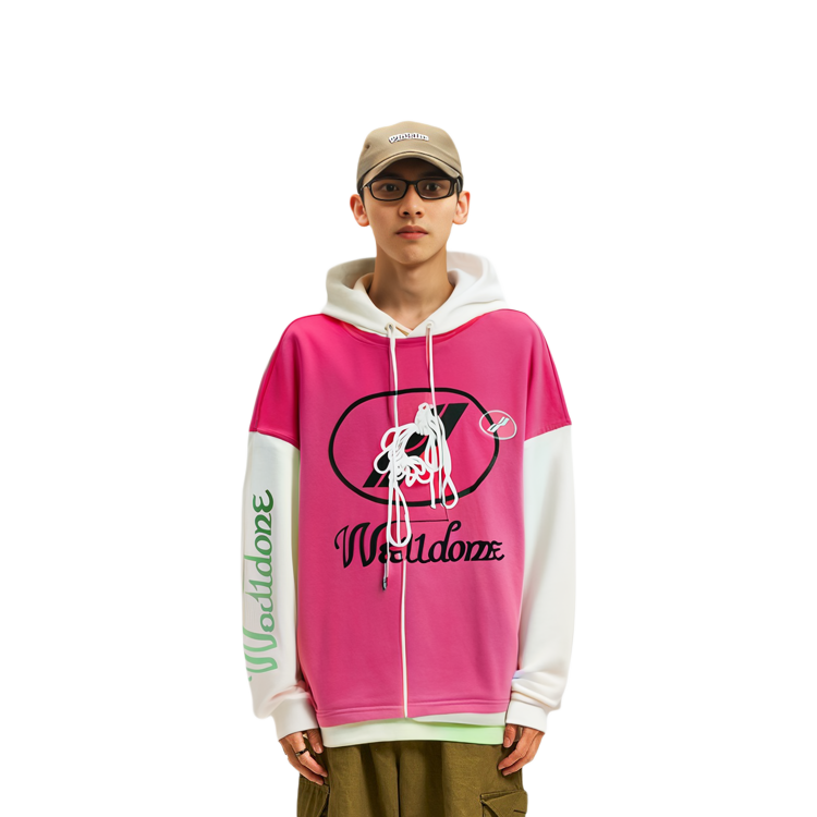 Sizing WE11DONE Hoodie Oversized Pink dengan Logo Spliced - Unisex WD-SS7-20-081-U-PK