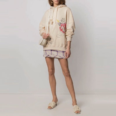 WE11DONE SS21 Beige Cartoon Print Drawstring Hoodie Unisex WD-TH0-21-529-U-BG Shop WE11DONE SS21 Beige Cartoon Print Drawstring Hoodie Unisex WD-TH0-21-529-U-BG