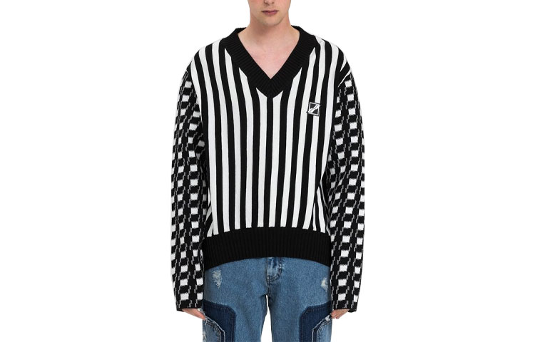 WE11DONE SS21 Black Striped Plaid Crewneck Pullover Sweatshirt Unisex WD-KT1-21-603-U-BK
