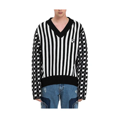WE11DONE SS21 Black Striped Plaid Crewneck Pullover Sweatshirt Unisex WD-KT1-21-603-U-BK