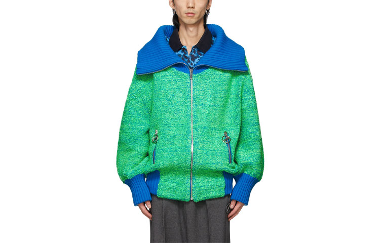 WE11DONE SS21 Green Colorblock Knit Jacket Unisex WD-KJ1-21-632-U-NG