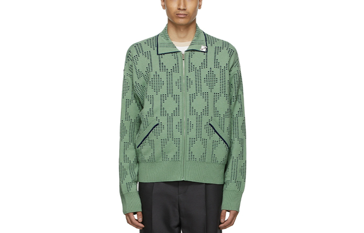 WE11DONE SS21 Green Knit Jacket with Logo Pin and Jacquard Collar WD-KJ1-21-617-U-OV