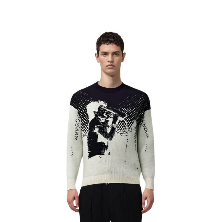 Shop WE11DONE SS22 黑色提花羊毛羊絨圓領毛衣 男女通用款式 WD-KT1-22-613-U-BK