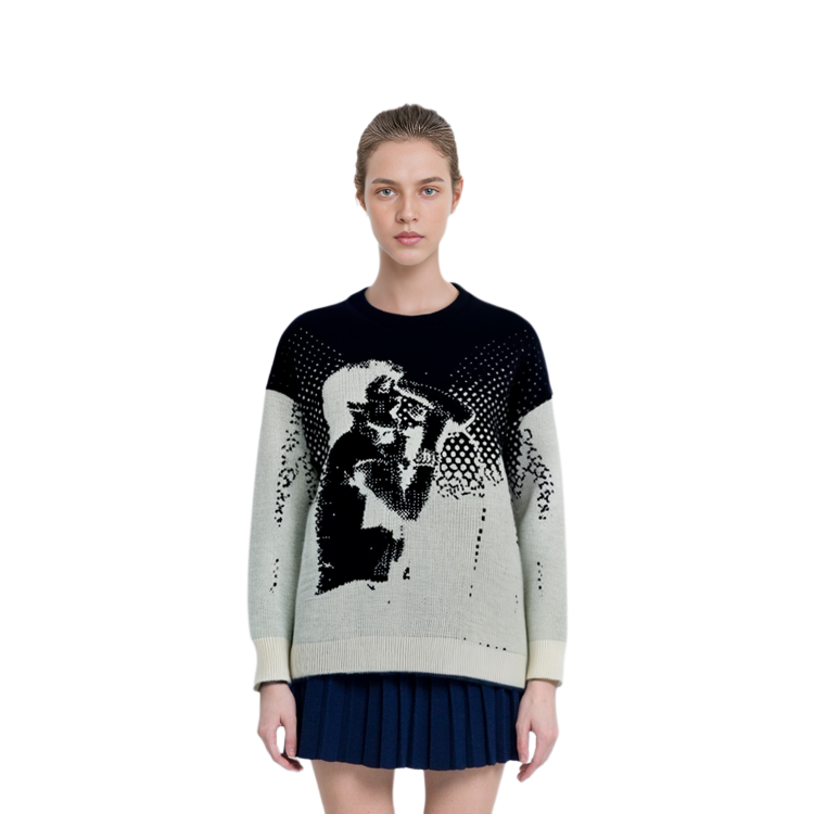 Purchase WE11DONE SS22 黑色提花羊毛羊絨圓領毛衣 男女通用款式 WD-KT1-22-613-U-BK