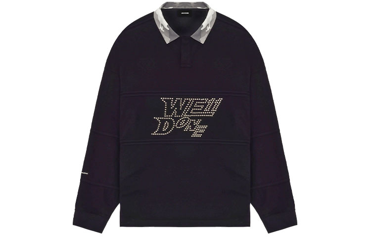 WE11DONE SS22 Black Long-Sleeve Polo with Solid Color Logo and Stud Design Unisex WD-TT1-22-582-U-BK