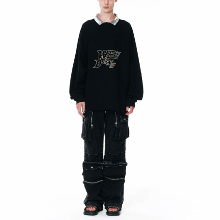 WE11DONE SS22 Black Long-Sleeve Polo with Solid Color Logo and Stud Design Unisex WD-TT1-22-582-U-BK 圖 4
