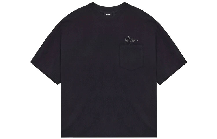 WE11DONE SS22 Black Rhinestone Logo Pocket Crew Neck Unisex T-Shirt. WD-TT1-22-523-U-BK