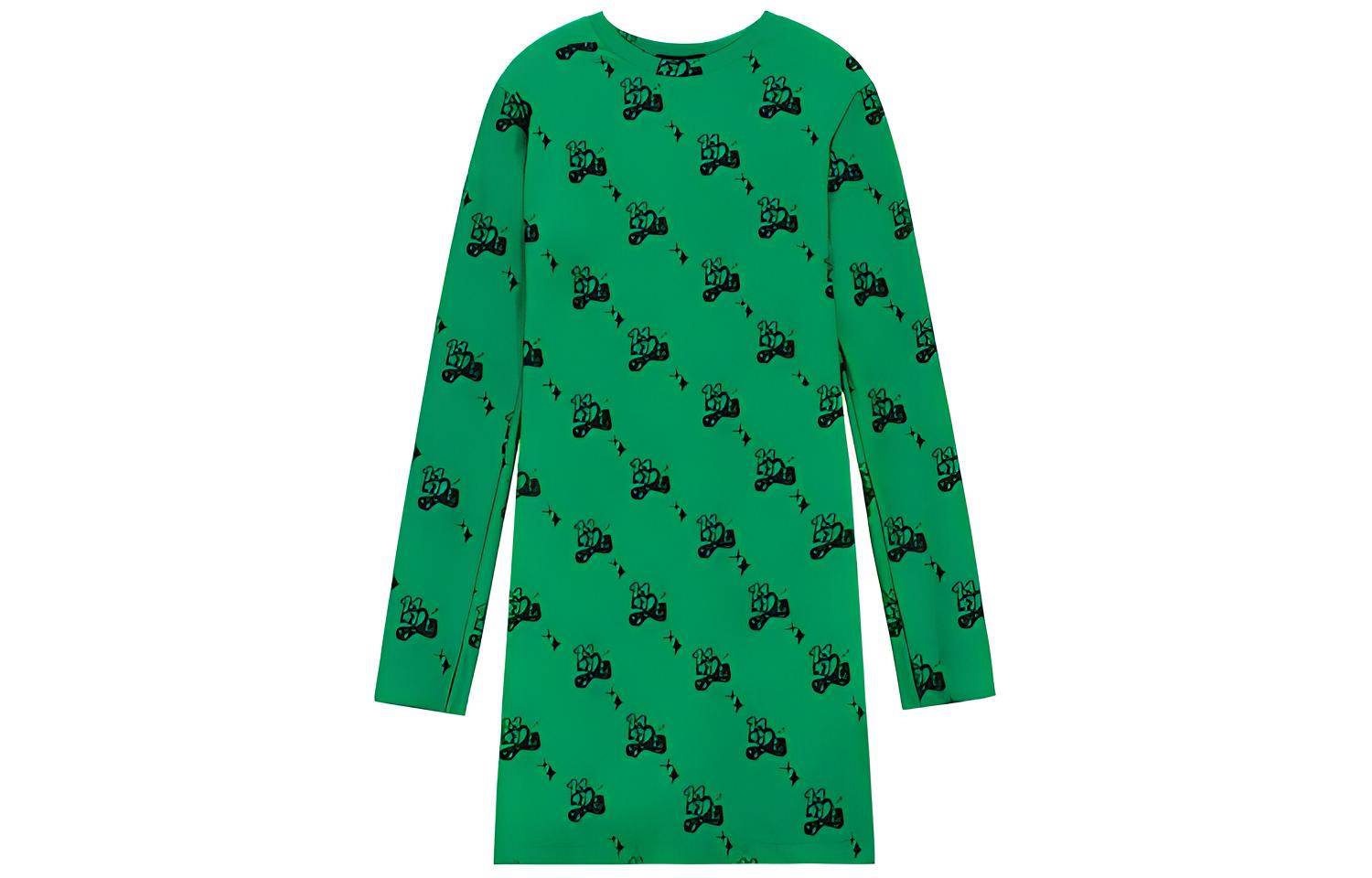 WE11DONE SS22 Cartoon Print Long-Sleeve Crew Neck Dress Green WD-TO1-22-572-W-GR