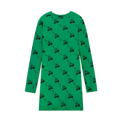 WE11DONE SS22 Cartoon Print Long-Sleeve Crew Neck Dress Green WD-TO1-22-572-W-GR