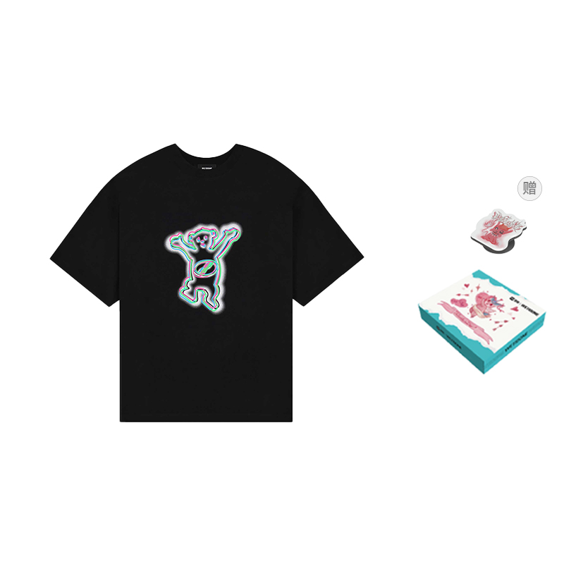 WE11DONE SS22 Cartoon Tie-Dye Teddy Bear Logo Unisex Black T-Shirt Short Sleeve WD-TT1-22-856-U-BK