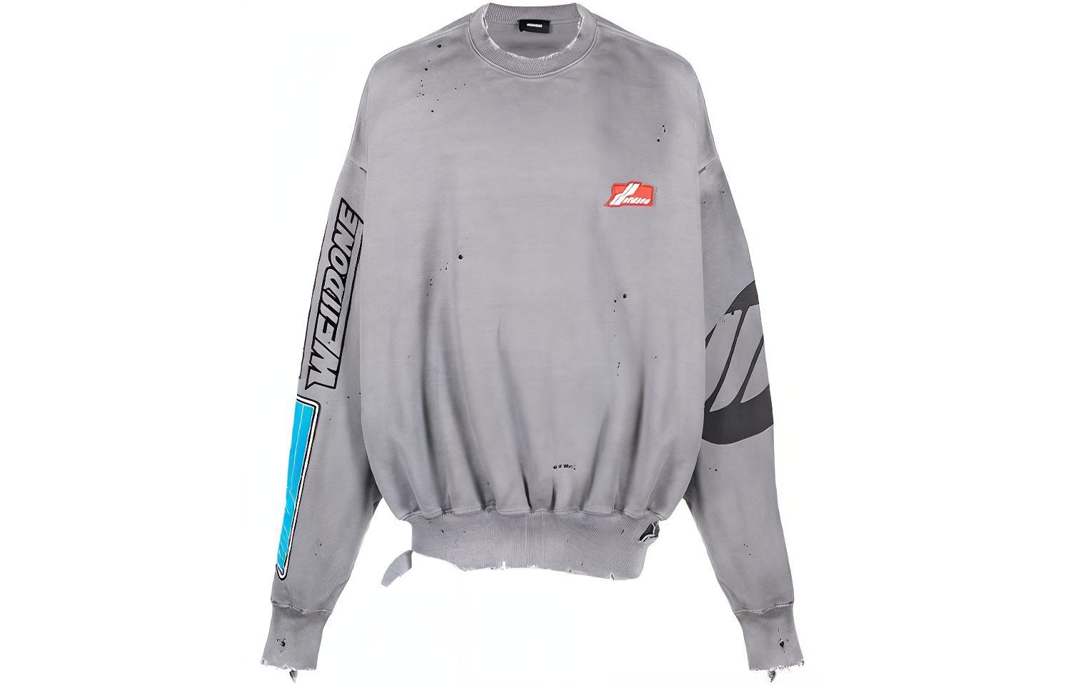 WE11DONE SS22 Distressed Logo Print Grey Long Sleeve Sweatshirt Unisex WD-TS1-22-725-U-GY