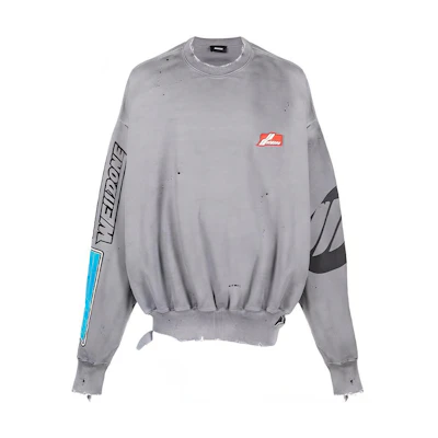 WE11DONE SS22 Distressed Logo Print Grey Long Sleeve Sweatshirt Unisex WD-TS1-22-725-U-GY