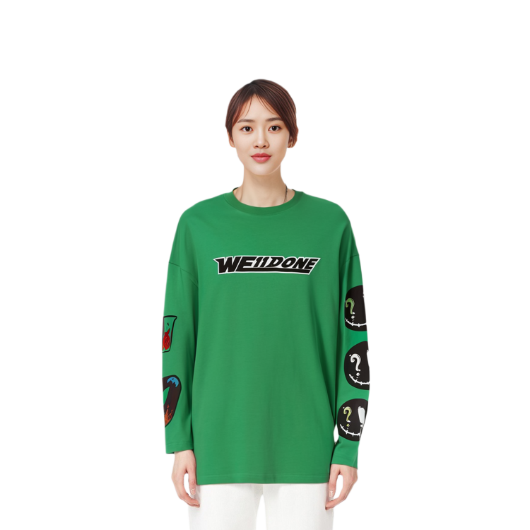 Shop WE11DONE SS22 幾何徽標長袖綠色大學T 恤 情侶適用 WD-TT1-22-629-U-GR