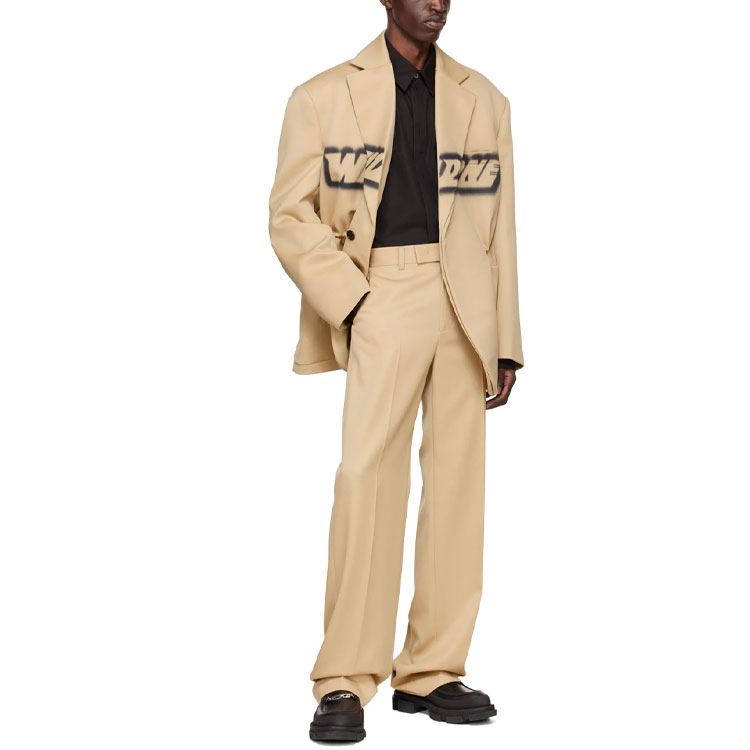 Shop WE11DONE SS22 标志喷绘涂鸦羊毛垫肩西装外套 男女款 卡其色 WD-JK1-22-123-U-BG